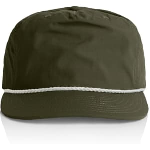A green cap featuring a white rope detail along the brim. It has a logo on the front.