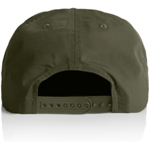 A cap in dark green with a snapback closure and ventilation holes at the back. It features a logo.