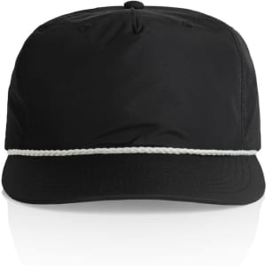 A black cap featuring a white rope detail along the brim and a logo on the front.