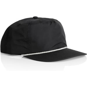 A black cap featuring a white rope across the front, designed for promotional use, with a logo present.