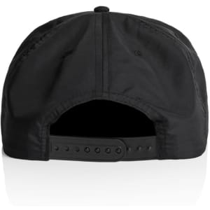 A black cap featuring a strap at the back and a logo on the side.