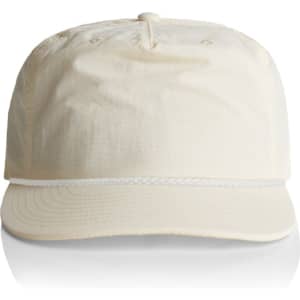 A cap in a light cream colour featuring a front brim and an attached logo.