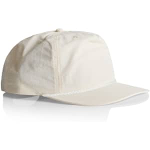 A light cream cap with a white band, featuring a logo on the front. The cap has a curved brim and is made of fabric.