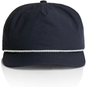 A navy cap featuring a decorative rope band and a logo on the front.