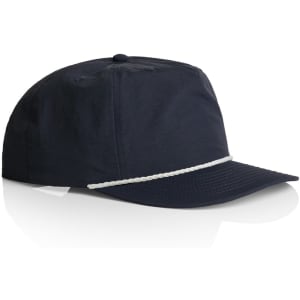 A navy cap with a white rope detail across the front and a logo on the side.