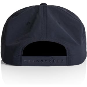 A navy blue cap featuring a rear view with an adjustable strap and branding.