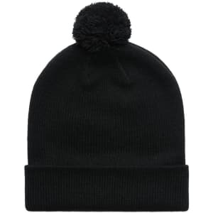 A black beanie with a pom pom on top. It features a ribbed texture and a folded brim.