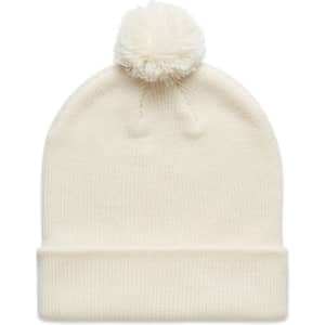 A cream Pom Pom Beanie with a fluffy pom pom on top and a folded cuff, featuring a logo on the side.