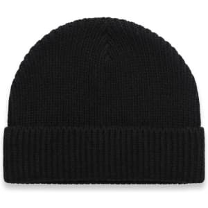 A black beanie with a ribbed texture and a folded cuff, featuring a logo on the side.