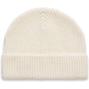 A cream beanie with a ribbed texture and a rolled cuff, featuring a logo on the side.