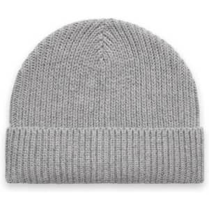 A grey beanie with a ribbed design and fold-over cuff, featuring a logo.