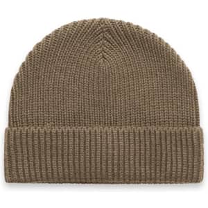 A brown knitted beanie with a ribbed cuff and a smooth top, featuring a logo on the side.