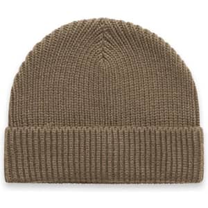 A brown knitted beanie with a folded brim, featuring a logo on the side.