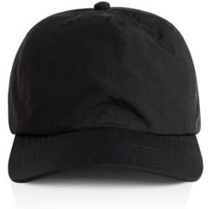 A black cap featuring a rounded peak and adjustable strap, complete with a logo on the front.