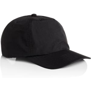 A black cap with a structured design and a curved brim, featuring a branding logo on the front.