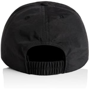 A black cap with an adjustable back. The cap features a logo on the side.