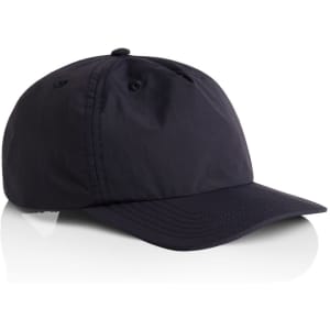 A black cap with a curved brim, featuring a logo on the front and several ventilation holes.