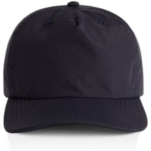 A navy blue cap with a rounded peak and an adjustable strap at the back, featuring a logo.