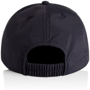 A black cap featuring a branded logo, showing the back view with an adjustable strap.