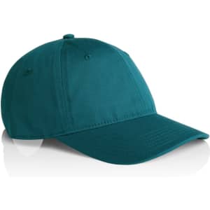 A teal cap with a curved brim and a structured design, featuring a logo on the front.