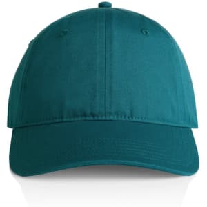 A teal cap with a curved brim, featuring a central panel and a logo on the front.