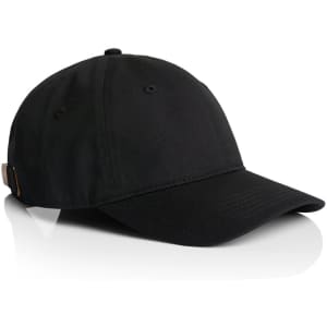 A black cap with a curved brim and a rear strap, featuring a logo on the side.