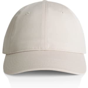 A beige cap featuring a curved brim and a logo. The cap is designed for casual headwear.