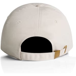 A beige cap with a closed back and a strap adjustment, featuring a logo on the side.