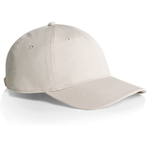 A beige cap with a curved brim and stitching details. It features a logo on the side.