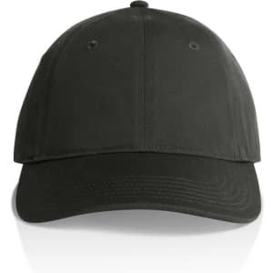 A black cap with a curved brim and six ventilation holes, featuring a logo at the front.