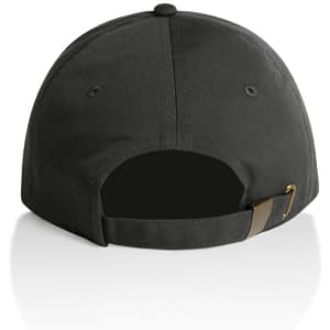 A dark grey cap with an adjustable strap at the back, featuring a logo. The design is simple and sleek.