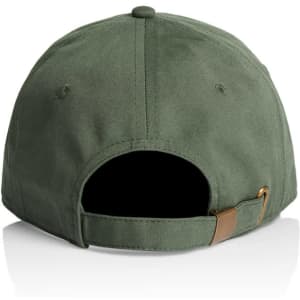 A green cap with a closed back and an adjustable strap, featuring a logo on the side.