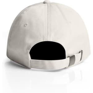 A beige cap featuring a black interior and an adjustable strap at the back, with a logo present.