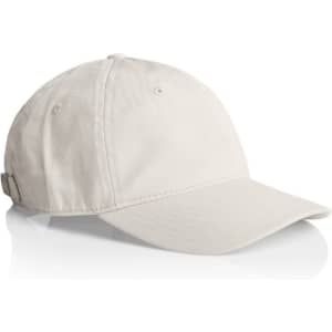 A beige cap with a curved brim and adjustable strap at the back, featuring a logo on the side.