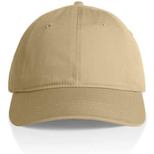 A beige cap with a curved brim and an adjustable strap at the back. It features a logo on the front.