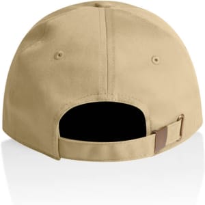 A beige cap featuring a curved back with an adjustable strap and a branding logo.