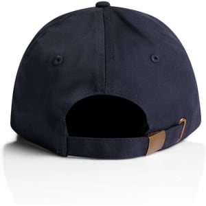 A navy cap featuring an adjustable strap at the back and a logo on the side.