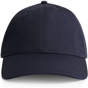 A navy cap with a curved brim and a logo on the front, featuring a classic design for headwear.