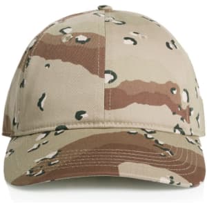 A beige camo cap with a patterned design featuring shades of brown and green. It has a logo on the front.