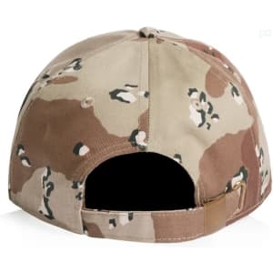 A camo cap featuring a blend of tan and green hues, with a strap adjustment at the back and a logo.