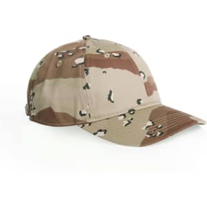A camouflage cap in shades of brown and beige with stitching details and a branding logo on the side.