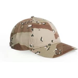 A camo cap in shades of tan, brown, and green, featuring a logo on the side.