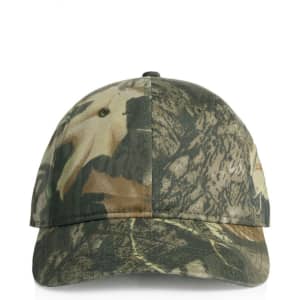 A camo cap in shades of green and brown, featuring a logo on the front. Ideal for headwear use.