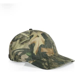 A camouflage cap in shades of green and brown, featuring a curved brim and a branding logo.