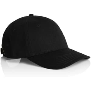 A black cap featuring a structured design and an adjustable strap at the back, including a logo.