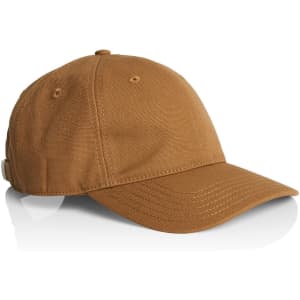 A brown canvas cap featuring a curved brim and an adjustable strap at the back. It has a logo on the side.