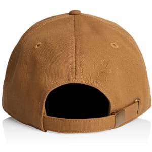 A brown cap featuring a rear adjustment strap and a visible logo on the side.