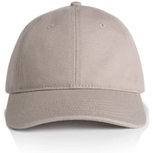 A beige cap with a logo on the front, featuring a classic structured design.