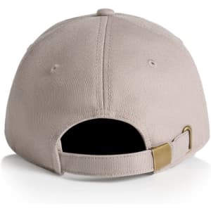 A beige cap with a curved brim and adjustable strap at the back, featuring a logo.
