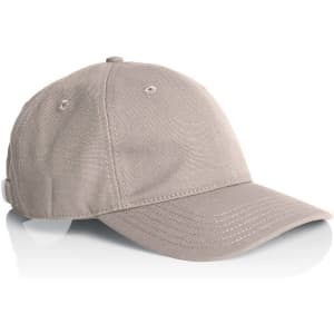 A beige canvas cap with a curved brim and a small logo patch on the side.